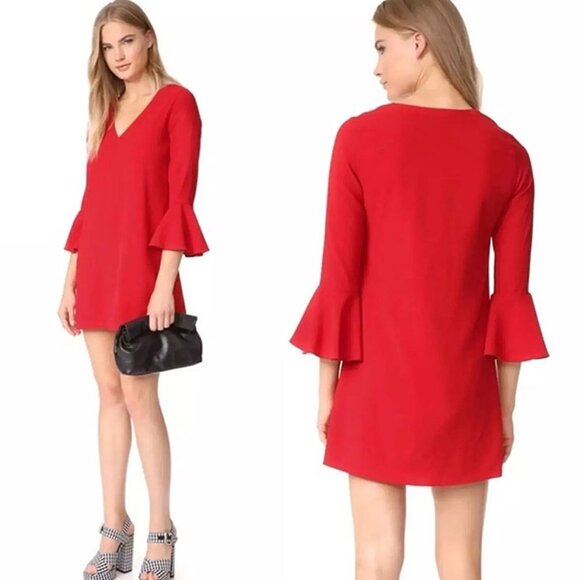 Alice + Olivia Red 3/4 Bell Sleeves V Neck Mini Shift Dress - Picture 3 of 16